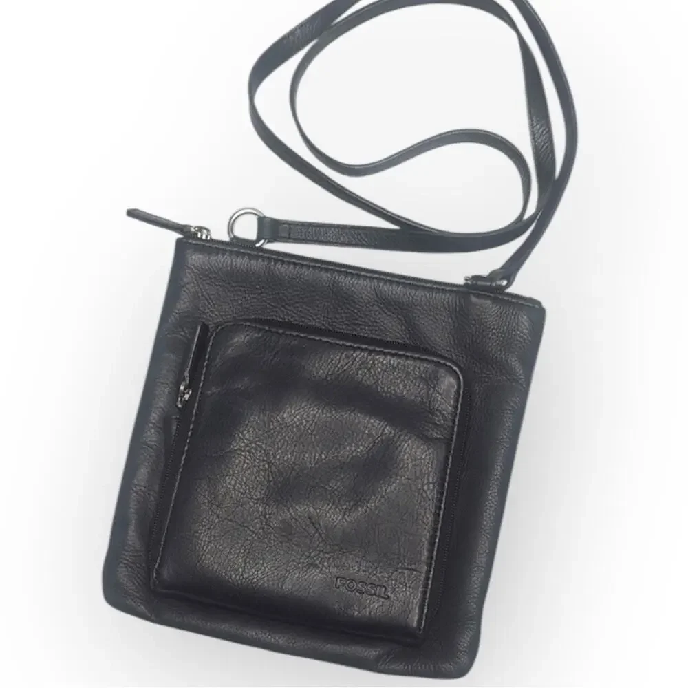 Fossil Unisex One Size Fits All Black Leather Pebbled Crossbody Bag